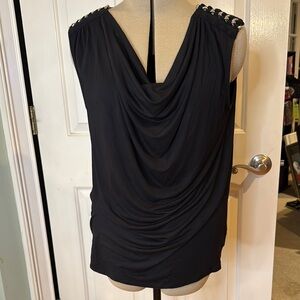 Michael Kors black drape neck top with silver chain detail at shoulders